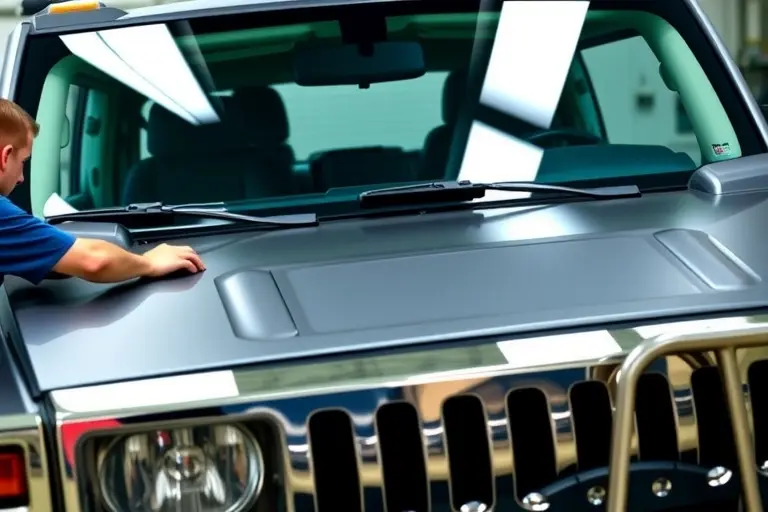 A close-up of a mechanic replacing the windshield on a Hummer H2 6.0 V8, showing the vehicle's front, the new glass panel, and tools, with a clean, professional workshop setting