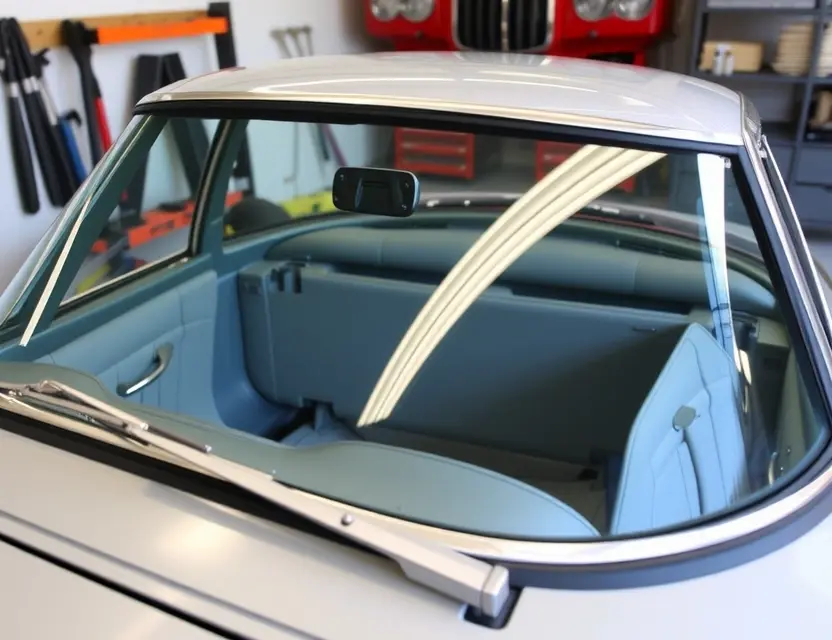 Замена лобового стекла Facel Vega Facel II A detailed image of a Facel Vega Facel II car with its front windshield removed, showing the interior and the surrounding frame. The car should be in a well-lit garage or workshop setting, with tools and equipment visible in the background, indicating the process of windshield replacement.