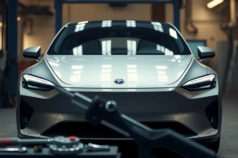 A realistic front view of a Lucid Air Pure electric car with a newly installed windshield, showing a clear glass pane and the car's sleek design. The scene includes a subtle automotive workshop background with a mechanic's tools in the foreground, emphasizing the precision of the replacement. The lighting highlights the glass clarity and the car's metallic finish.