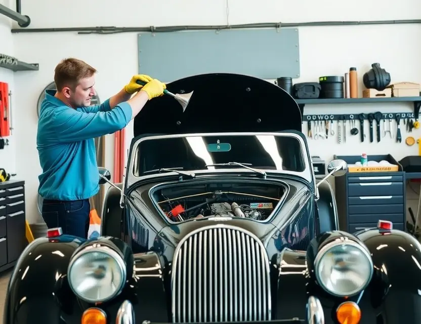 A professional mechanic replacing the windshield of a classic Morgan car in a well-lit garage. The mechanic is wearing safety gloves and using specialized tools to carefully remove the old windshield and install the new one. The Morgan car is positioned in the center of the image, with the hood open to show the engine. The garage is clean and organized, with various automotive tools and equipment neatly arranged on the walls and workbenches.