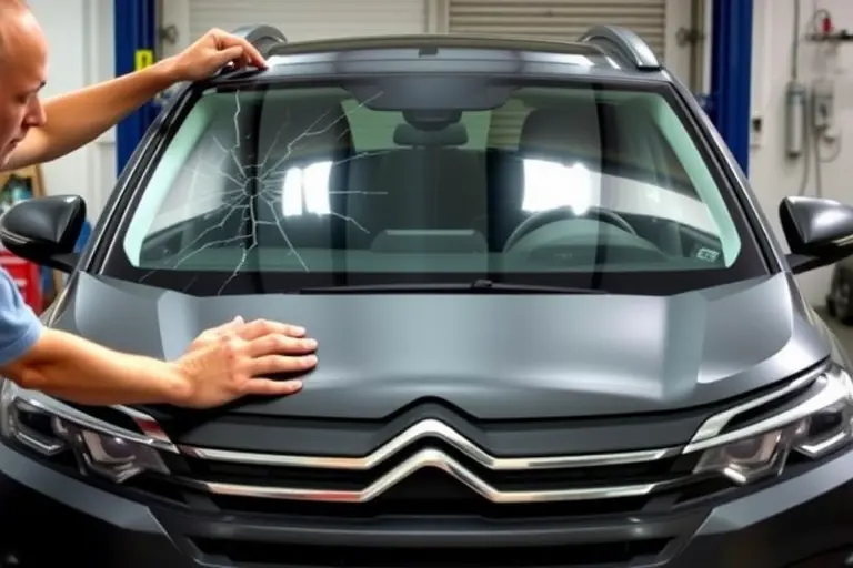 A detailed, realistic scene of a mechanic replacing the windshield on a Citroën C5 X PHEV (2021 model). The image should show the car in a garage setting, the old cracked windshield removed, a new clear windshield being fitted, tools such as a suction cup, a sealant gun, and a protective cover. The focus is on the windshield replacement process, with the mechanic's hands and tools in action, the car's front profile visible, and a subtle background of a workshop. No text or lettering should be present in the image.