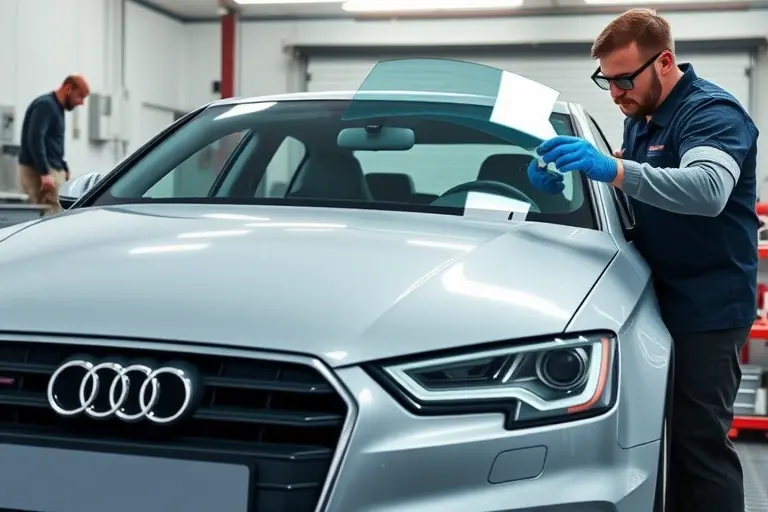 A realistic workshop scene featuring a 2017 Audi A3 with its front windshield being removed and a new glass ready for installation, a mechanic wearing protective gloves and goggles handling the glass, automotive tools and a clean garage background, focusing on the car and the windshield replacement process