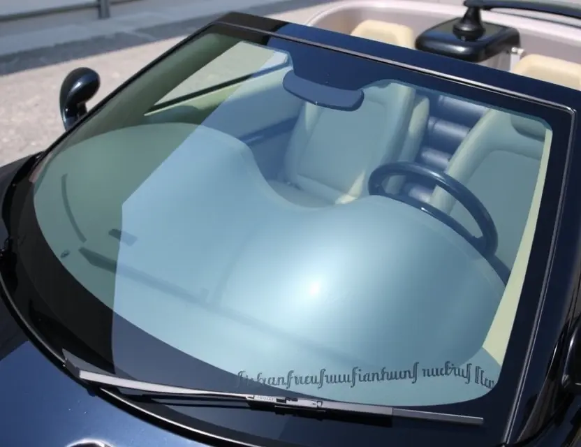 Spyker C8 Aileron with a replaced windshield, showcasing the new glass. The car is parked outdoors on a sunny day, with a clean and professional aesthetic. Focus on the detail of the windshield replacement.