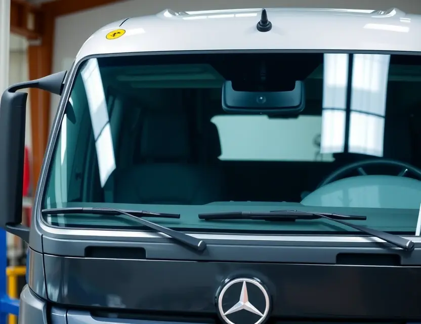 A high-quality image depicting a Daimler vehicle with a replaced windshield. The windshield is visibly new and clear, seamlessly integrated with the vehicle's frame. The background should be a clean, well-lit garage or workshop setting. Focus on the detail of the replacement process and the quality of the new glass.