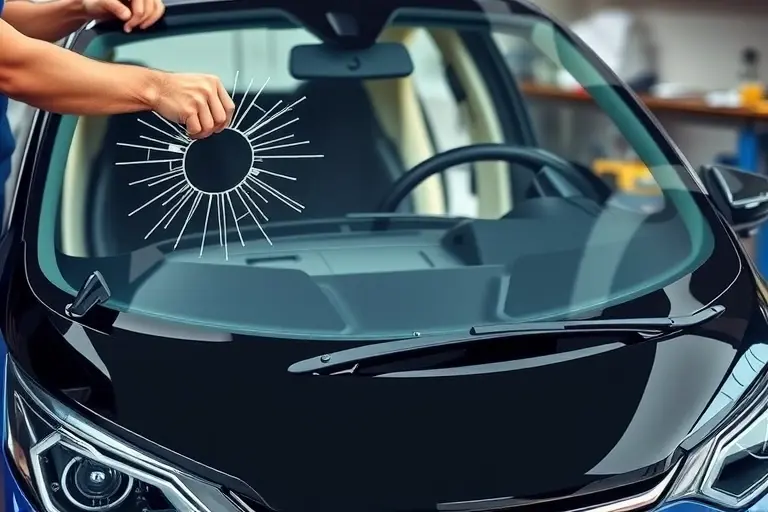 A close-up of a mechanic replacing the windshield on a Kandi K27 electric car (2020+), showing the old cracked windshield being removed and a new clear windshield being fitted, with the car's front hood and bumper visible, in a workshop setting with tools and a workbench, no text or lettering in the image.