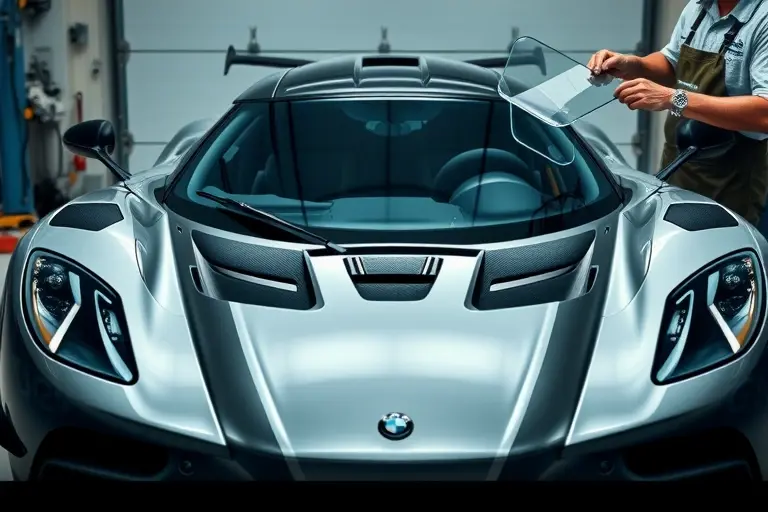 A high-resolution image of a Koenigsegg Jesko 5.1 V8 Twin Turbo 1280 l with its windshield being replaced. The scene shows the front of the car with the old windshield partially removed, a new clear glass panel being fitted, a mechanic in a work apron holding a glass panel, tools such as a suction cup and a glass cutter visible. The background is a clean garage with subtle lighting, emphasizing the sleek design of the car and the precision of the replacement process.
