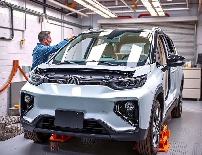 Замена лобового стекла Baojun E300 A high-quality, realistic photo of a Baojun E300 electric car with its front windshield being replaced by a technician in a professional auto glass shop, showing the car frame without the old glass and the new glass being fitted, clean workshop background, bright lighting, detailed car body, no text or logos