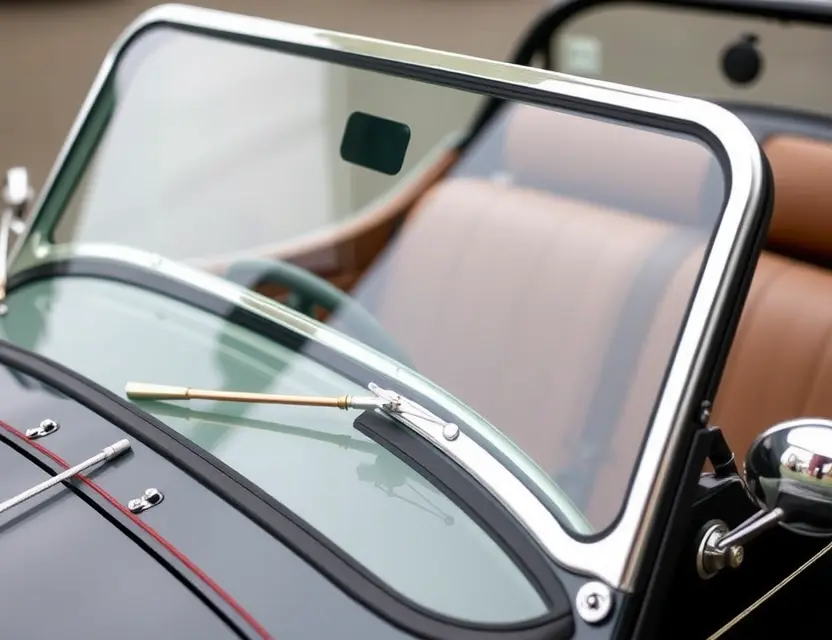 A close-up shot of a Morgan car with a replaced windshield, showcasing the new glass and the car's classic design. The focus should be on the seamless integration of the replacement windshield with the vehicle's frame.