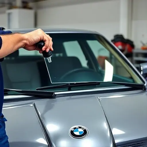 A close-up scene in a garage showing a mechanic's hands carefully removing the old windshield from a BMW M5 E28 (1984–1988) and installing a new one. The car's front is partially visible, with the distinctive BMW M5 body style and the new clear glass in place. Tools such as a suction cup, a windshield removal kit, and a small workbench with a light source are present. The focus is on the hands, the glass, and the car's front, with a clean, well-lit background.