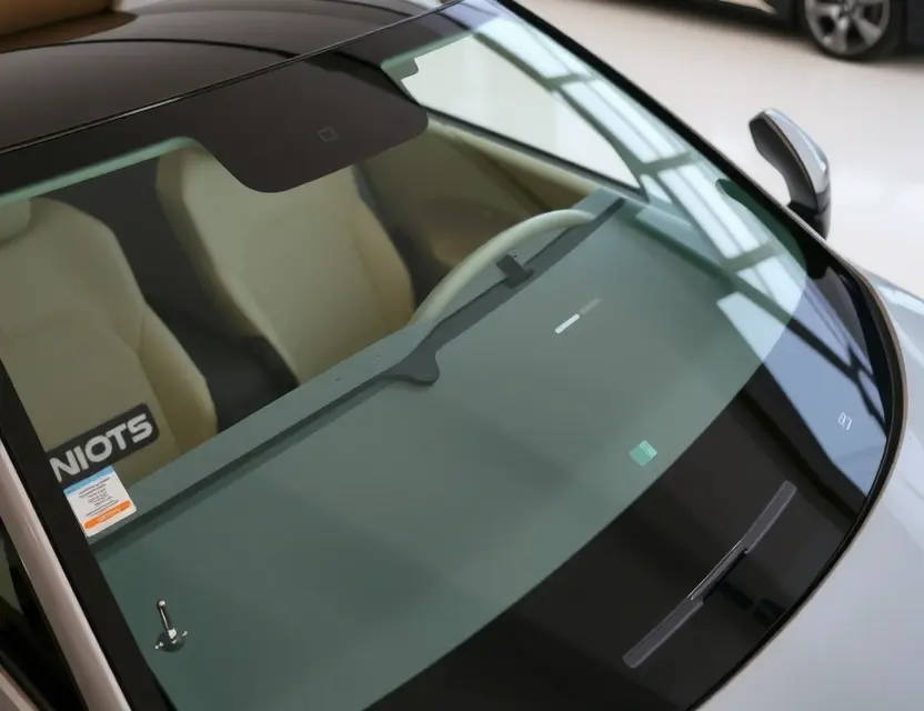 A high-quality, detailed image of a NIO ET5 car with a replaced windshield. The windshield is new and clear, seamlessly integrated with the car's design. The car is parked on a clean, well-lit surface, possibly a showroom or garage. Focus on the replacement windshield and its fit.