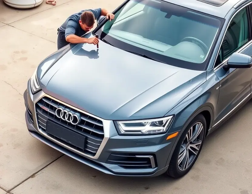 A high-quality image depicting the replacement of a windshield on an Audi Q5. The car should be parked on a clean, well-lit surface. A mechanic is shown working on the windshield, using tools. The focus should be on the replacement process, highlighting the new windshield being installed.