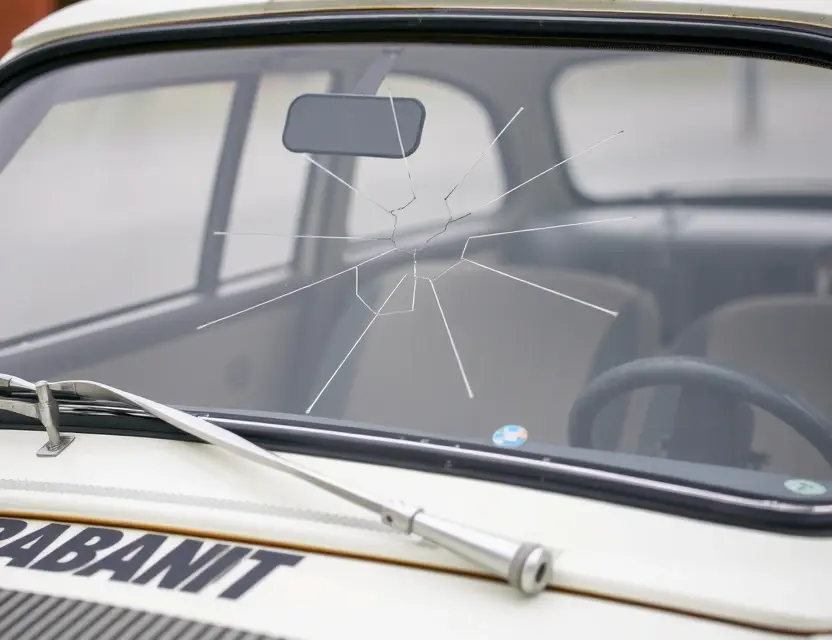 A close-up shot of a Trabant 1.1 car with a cracked windshield, showing the area where the windshield needs replacement. The car is parked outdoors on a slightly overcast day. Focus on the damaged windshield area.