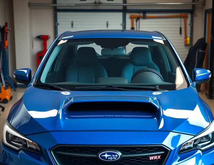 Замена лобового стекла Subaru WRX A Subaru WRX with a newly replaced windshield, showing a clean, unobstructed view through the front glass, parked in a well-lit garage with professional tools nearby, no people, no text, no logos