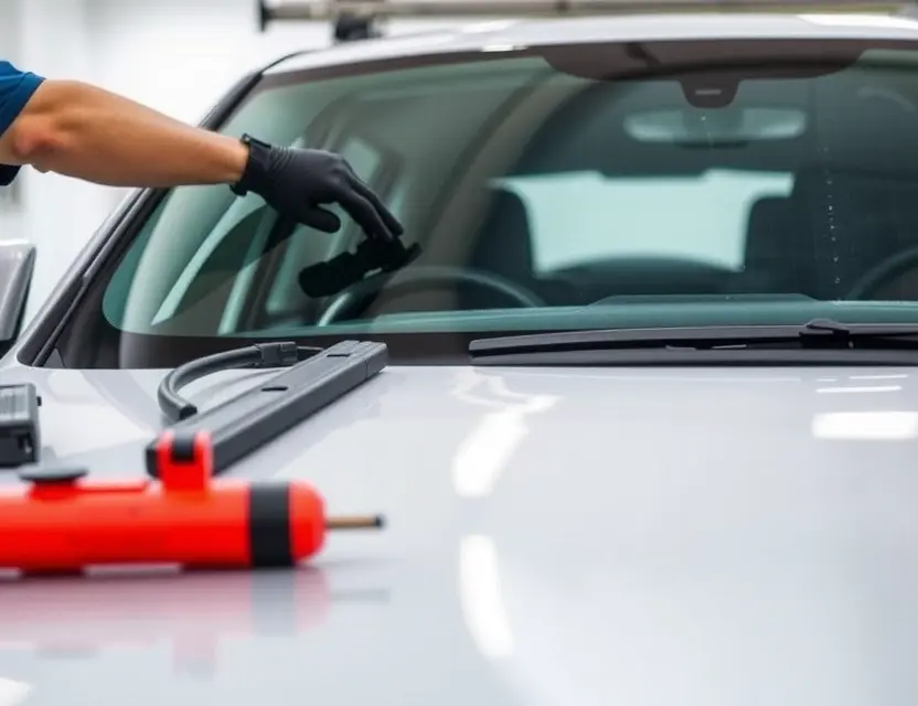 A close-up shot of an XPeng G6 car windshield being replaced by a technician. The focus should be on the replacement process, showing tools and the new windshield. The background should be a clean, well-lit garage or workshop.