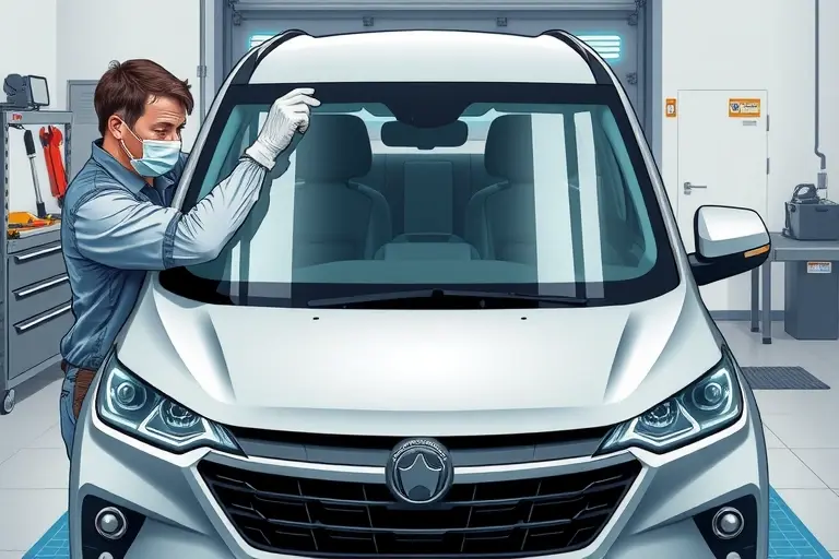 A realistic illustration of a mechanic replacing the windshield of a 2022 Haval Jolion HEV 1.5 190 hp hybrid vehicle. The scene shows the car parked in a garage, the mechanic wearing gloves and a mask, carefully removing the old windshield, cleaning the mounting area, and installing a new clear glass panel. The background includes a workbench with tools, a safety mat, and a clear view of the car’s front fascia. Focus on the mechanic’s hands, the windshield, and the car’s front, with realistic lighting and shadows.