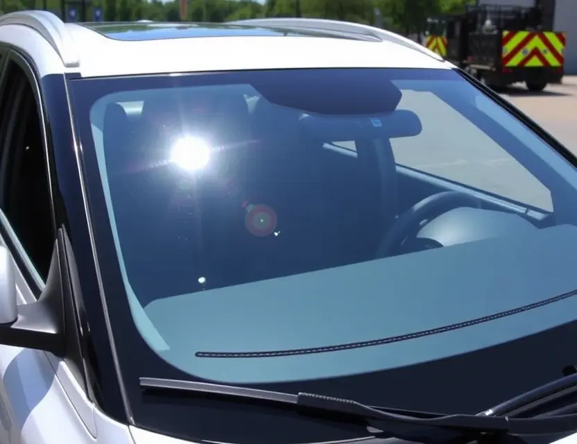 A GAC Trumpchi GS8 with a replaced windshield, showcasing the new glass. The car is parked outdoors on a sunny day. Focus on the clarity and quality of the replacement windshield.