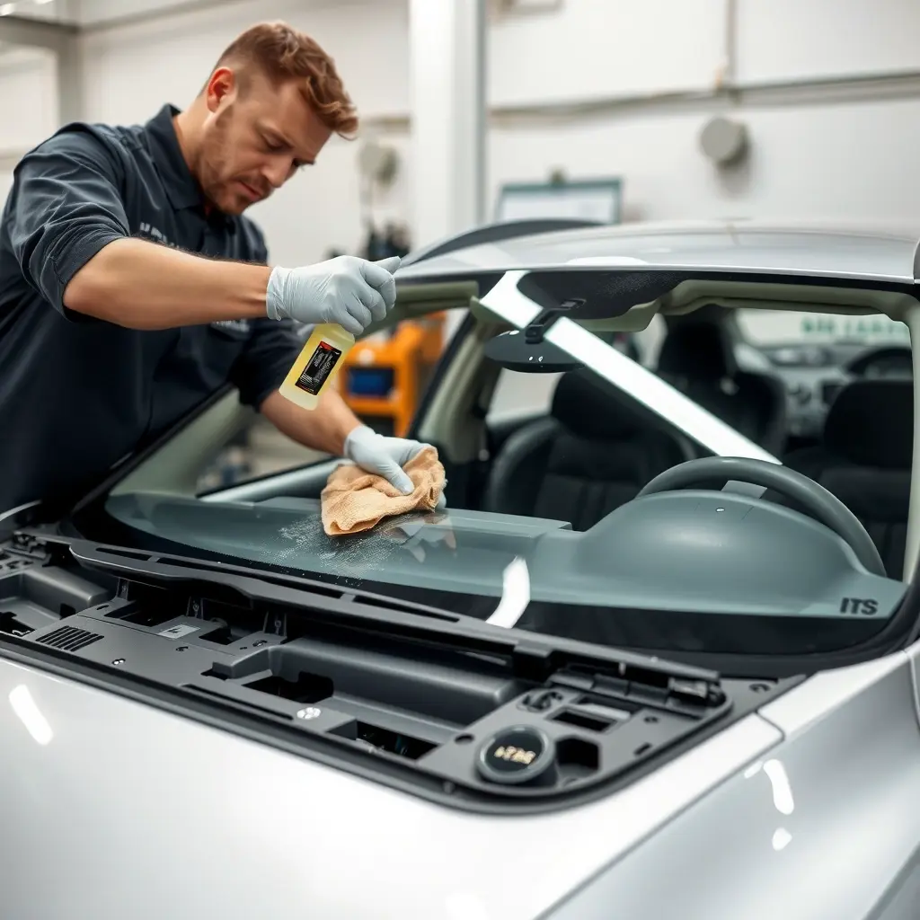 A professional mechanic in a clean, modern workshop preparing a car for windshield replacement. The focus is on the front of a silver Aaglander Victoria. The old windshield has been removed, revealing the bare frame. The mechanic is wearing gloves and is carefully cleaning the frame with a solvent and a cloth, removing old adhesive. High quality, detailed, realistic.
