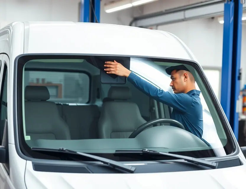 A high-quality, realistic photo of a Changhe Ideal van in a professional auto repair shop, showing a technician carefully installing a new windshield. The vehicle is clean, with the old glass removed and the new glass being fitted into the frame. Bright, even lighting, sharp focus on the vehicle and the installation process, no people's faces visible, no text or logos on the glass or vehicle.