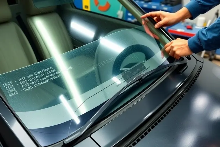 A detailed close-up of a mechanic replacing the windshield on a Lancia Delta Integrale 2.0 Turbo, showing the car's front, the old glass being removed, the new glass being fitted, with tools and a workbench in a garage setting