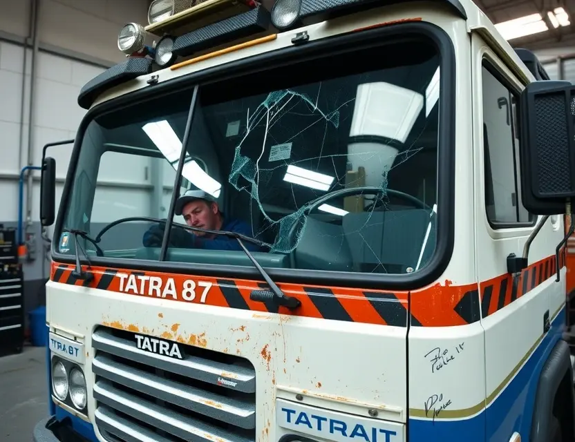 A Tatra 87 truck with a cracked windshield undergoing windshield replacement. The truck is parked on a service bay with tools and equipment visible. Focus on the replacement process, showing the technician working on the new windshield.