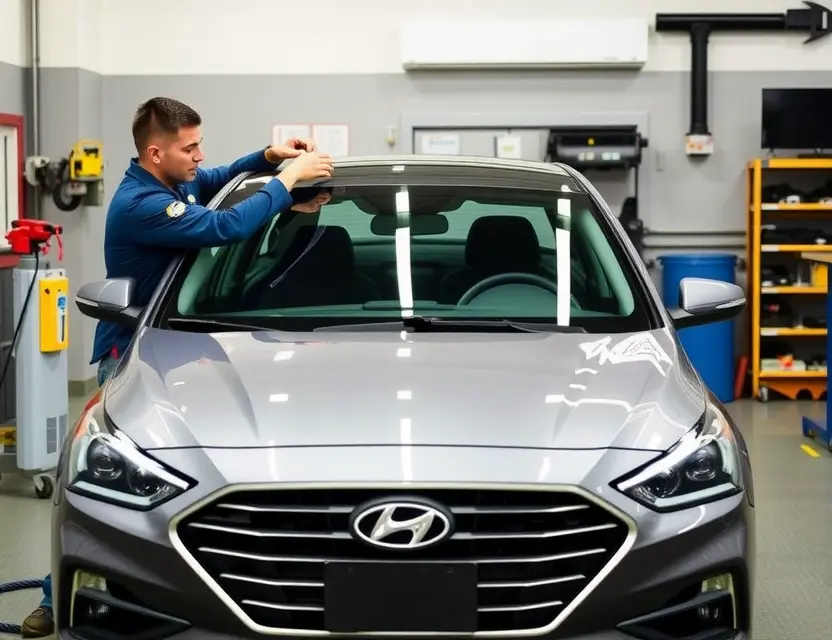 Замена лобового стекла Hyundai Sonata A professional auto repair scene showing the process of replacing the windshield of a Hyundai Sonata. The image should include a technician in a workshop, carefully removing the old windshield and preparing to install a new one. The car should be positioned under good lighting, with the technician using appropriate tools and safety equipment. The workshop should be clean and organized, with the Hyundai Sonata being the central focus.