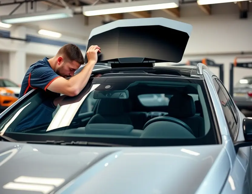 A professional technician replacing the windshield of a Mercedes-Benz AMG EQS. The car should be in a well-lit garage or service center, with the technician using proper tools and safety equipment. The scene should depict the careful removal of the old windshield and the precise installation of the new one.