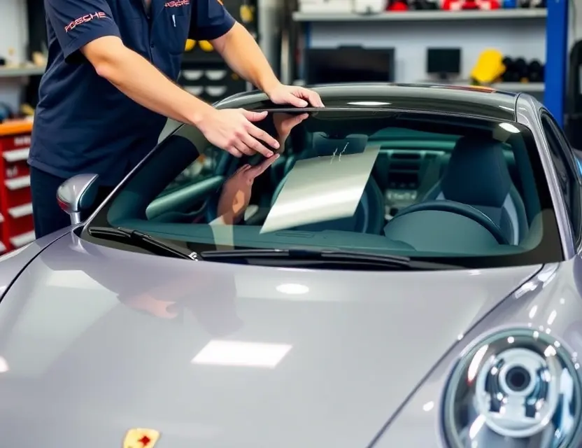 A mechanic is carefully removing a windshield from a Porsche. The car is in a garage setting with tools and equipment visible. Focus on the process of windshield removal, showing the frame and the glass being detached.