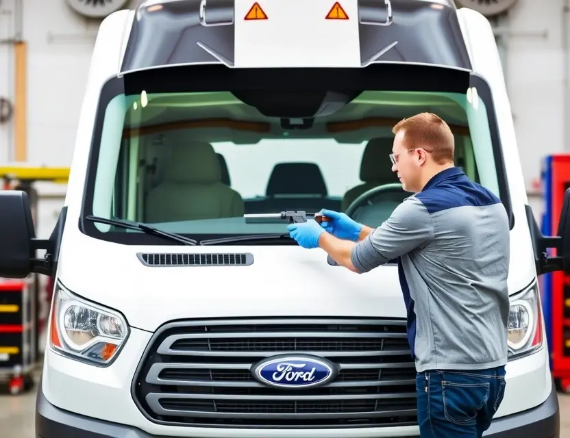 Замена лобового стекла Ford E-Transit A professional mechanic replacing the windshield of a Ford E-Transit van. The scene should include the van with its hood open, the mechanic wearing safety glasses and gloves, using tools to carefully remove the old windshield and prepare to install the new one. The setting should be a well-lit garage or service bay with appropriate equipment and safety measures in place.