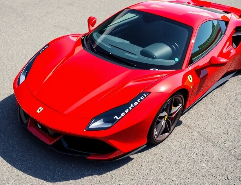 A high-quality image of a Ferrari F8 Tributo with a replaced windshield. The car is parked on a clean, bright asphalt surface. The replaced windshield is seamlessly integrated with the original, showing no visible seams or imperfections. The car's exterior is detailed and well-lit, showcasing its sleek design. Focus on the windshield replacement as the main subject.