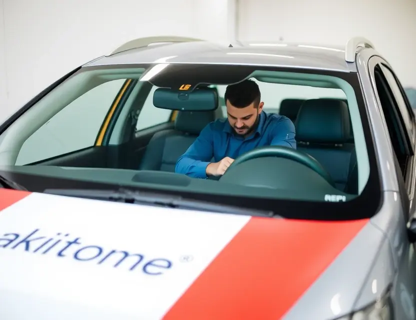 A high-quality image depicting a car windshield replacement service offered by Laraki Epitome. The image should showcase a technician working on a car windshield, with the Laraki Epitome logo prominently displayed on the vehicle or in the background. The scene should be clean and professional, emphasizing the quality of the service.