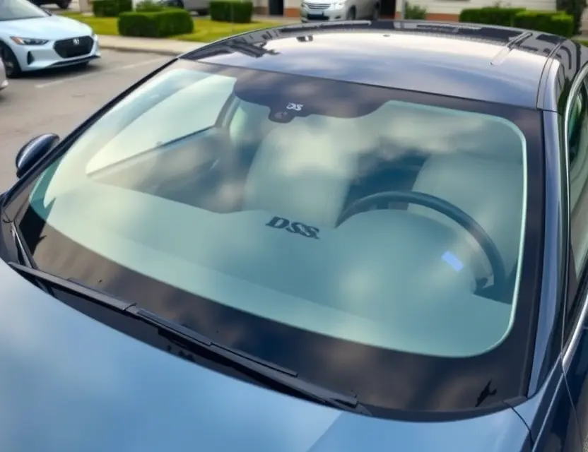 A high-quality image depicting a DS Automobiles DS 7 with a replaced windshield. The car is parked outdoors on a clean, paved surface. The replaced windshield is clearly visible, showing the new glass. The surrounding environment should be slightly blurred to emphasize the car.