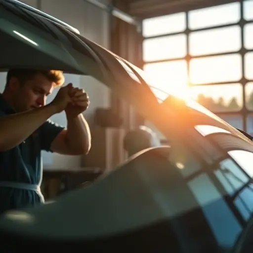 Замена лобового стекла Auburn A close-up of a car windshield being replaced in a professional auto repair shop, showing a technician carefully installing a new windshield with suction cups and tools, Auburn city skyline subtly visible in the background through the garage door, soft natural lighting, high detail, realistic style