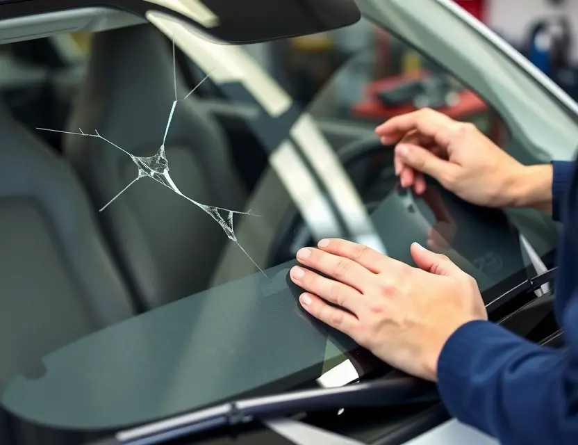 A close-up shot of a Fiat 500e with a partially replaced windshield. The old windshield is cracked and being removed, while the new windshield is being installed. A mechanic's hands are visible, carefully working on the glass. The background shows a garage or workshop setting with tools and equipment.