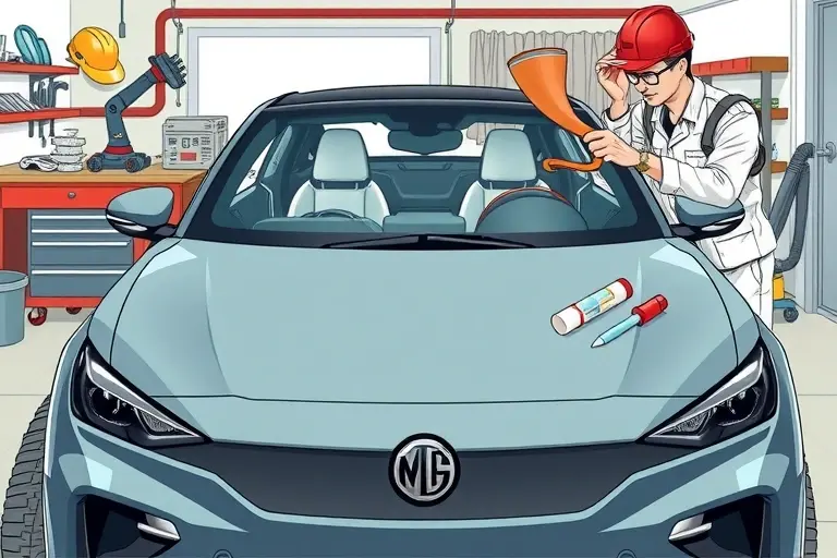 A detailed illustration of a mechanic replacing the windshield of a 2023 MG Cyberster electric car in a garage setting. The scene shows the car's front view with the old windshield partially removed, a new clear windshield being fitted, and tools such as a suction cup, adhesive, and a hand‑held vacuum. The background includes a workbench with automotive parts, a safety helmet, and a garage environment. The focus is on the precision of the replacement process, highlighting the car's sleek design and the careful handling of the new glass.