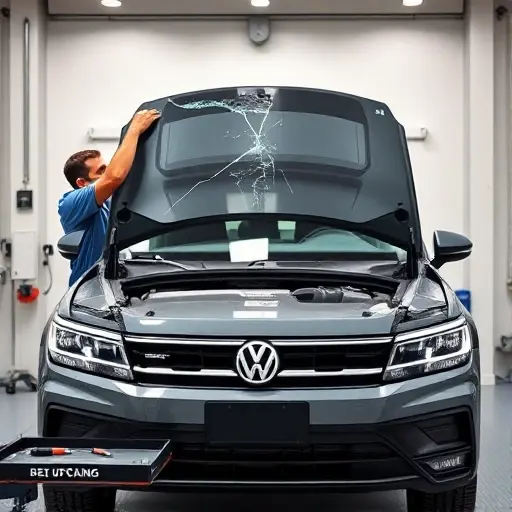 A professional mechanic in a clean garage is carefully removing the cracked windshield of a Volkswagen Tiguan PHEV 1.5 TSI, with the car's front hood open to reveal the electric components and battery pack. The scene shows the windshield being lifted away on a suction lift, tools like a screwdriver and trim removal tool on a nearby tray, and the vehicle's sleek silhouette highlighted by soft studio lighting. The focus is on the detailed process of windshield replacement, emphasizing the modern hybrid vehicle's front architecture without any text or branding.