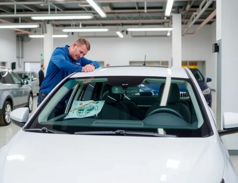A modern AITO M9 car with a damaged front windshield being replaced by a professional technician in a clean, well-lit auto service center, showing the new windshield being carefully installed, no people in the background, focus on the car and the replacement process
