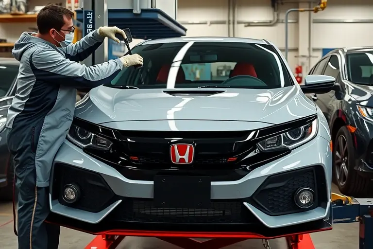 A detailed workshop scene showing a mechanic in protective gear carefully removing and installing a new windshield on a Honda Civic Type R 2.0 Turbo. The car is positioned on a lift, with the old glass partially removed and the new glass being fitted. The background includes tools, a workbench, and a clear view of the car's front fascia, all rendered with realistic lighting and texture.