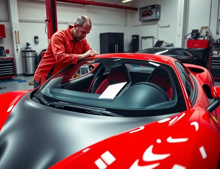 A high-quality image depicting the replacement of the windshield on a Ferrari SF90 Stradale. The scene should show a mechanic working on the windshield, with tools and parts visible. The car should be parked in a professional automotive service bay. Focus on the technical aspect of the repair.