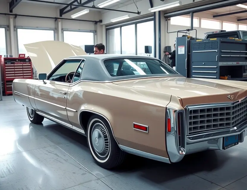 A high-quality side view of a classic Cadillac Eldorado in a professional auto glass workshop, showing a technician carefully removing the old windshield and preparing the frame for a new one, with soft workshop lighting, clean background, realistic automotive repair scene, no text, no logos