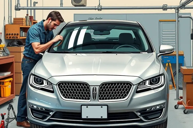 A detailed illustration of a mechanic in a garage, carefully removing an old windshield from a Lincoln Nautilus sedan and installing a new clear windshield, with focus on the car's front, the mechanic's tools, and the garage environment