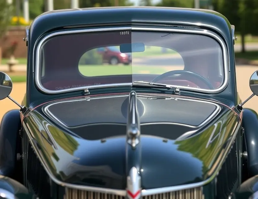 A DeSoto Airflow car with a newly replaced windshield, viewed from the front at a slight angle, showing the clean installation of the glass against the original 1930s automotive frame, no people, no text, no logos, natural daylight lighting, realistic automotive detail