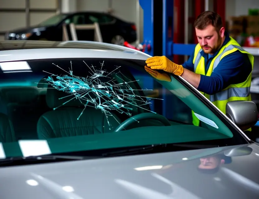 A Mercury Grand Marquis with a cracked windshield being replaced by a mechanic. The mechanic is wearing a safety vest and gloves. The replacement windshield is being installed. The background shows a garage or repair shop.