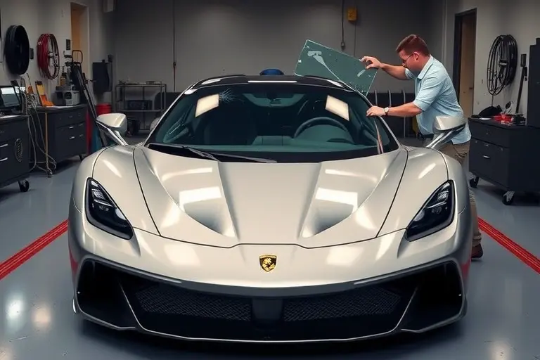 A high‑performance sports car resembling the Arrinera Hussarya GT with a powerful V8 supercharged engine, shown in a professional garage where a technician is carefully removing the cracked windshield and installing a new clear windshield. The scene focuses on the sleek car body, the glass panels, and the tools used for the replacement, with realistic lighting and a clean, detailed environment. No logos, text, or branding should be visible.