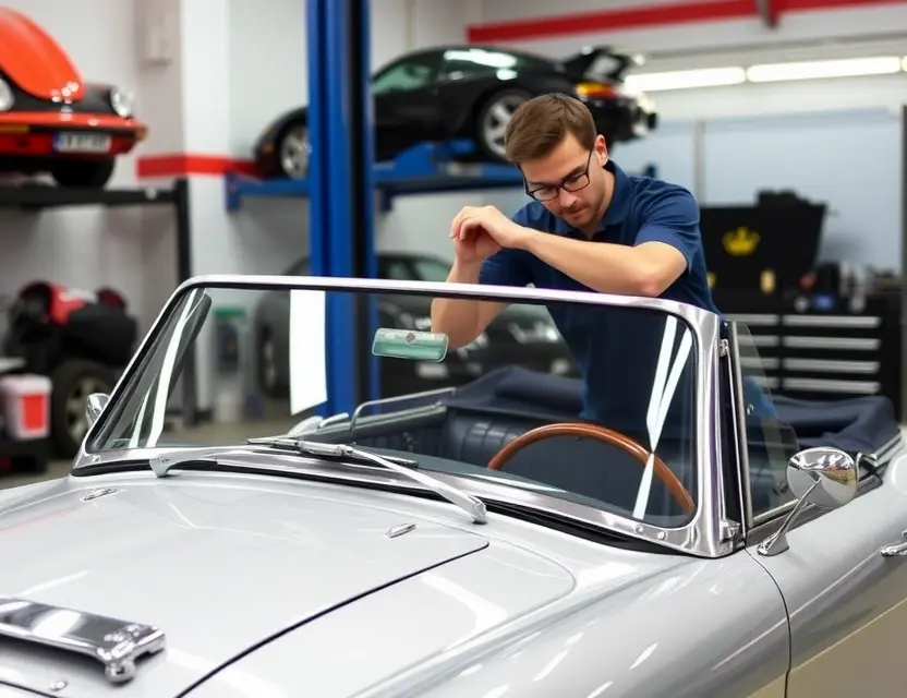 A professional automotive service center showing a technician carefully replacing the windshield of an Austin-Healey classic car, with tools and replacement glass visible, clean and well-lit garage environment, no people other than the technician, no text or logos