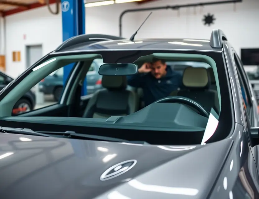 A high-quality close-up shot of a Dacia car with its windshield being professionally replaced, showing a technician installing a new glass panel in a clean auto repair shop setting, realistic lighting, detailed car body, no text or logos
