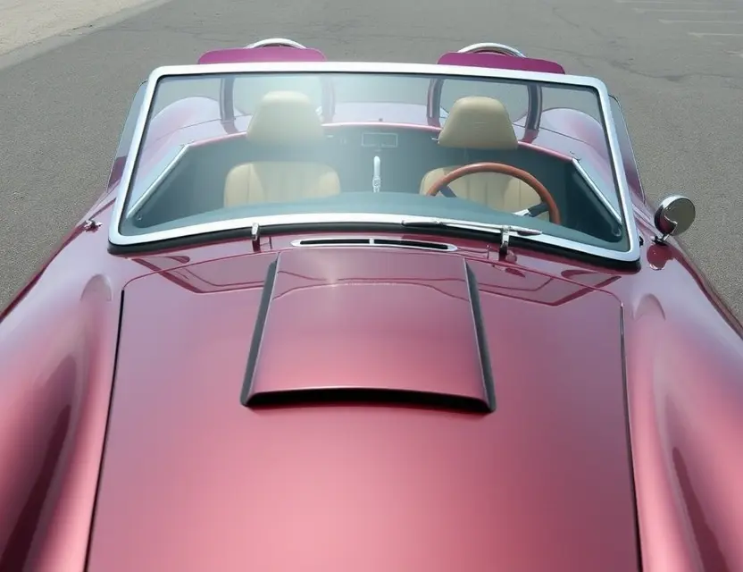 A classic AC Cobra Series 1 car with a newly replaced front windshield, clean and polished, parked on a smooth asphalt surface under natural daylight, showing the sleek curves of the car and the clear, undistorted glass, no people, no logos, no text