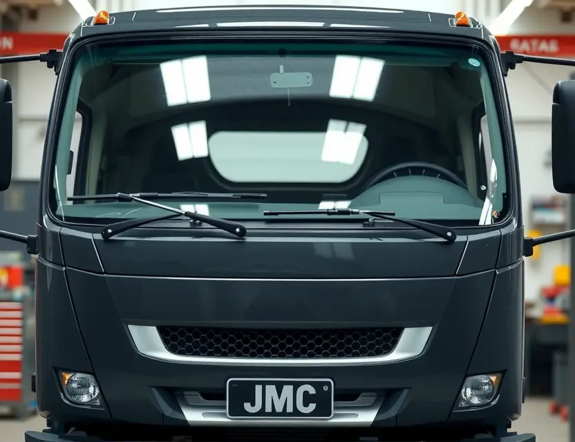 A high-quality, realistic close-up shot of a JMC truck's front windshield being replaced, showing a professional mechanic carefully installing a new glass panel. The scene is set in a clean, well-lit auto repair shop with tools and safety equipment visible in the blurred background. The focus is on the vehicle's front frame and the pristine new glass, emphasizing precision and automotive service. No text, logos, or watermarks are present.