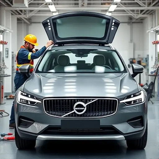 A modern Volvo EX90 electric SUV (2024 model) in a clean automotive workshop, with a professional mechanic in safety gear carefully removing the old windshield and installing a new one. The focus is on the car's front view, showing the windshield area, tools, and a bright, well-lit environment. No text, logos, or unrelated vehicles in the scene.