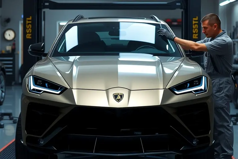 A detailed, realistic depiction of a mechanic replacing the windshield of a Lamborghini Urus 4.0 V8 Twin Turbo 650 in a well-lit garage. The scene shows the car partially lifted on a hydraulic lift, the old cracked windshield removed, and a new clear glass panel being fitted. The mechanic, wearing a protective apron and gloves, is carefully aligning the new glass with precision tools. The background includes automotive parts, a workbench, and subtle reflections of the car’s metallic body. The focus is on the car’s front profile, the new windshield, and the mechanic’s hands in action, all rendered in high detail and realistic lighting.