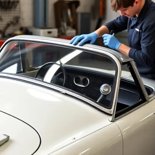 A mechanic in a garage replacing the windshield of an Austin Healey Sprite 1.3 L R4 65 hp. The car is shown from a side view, with the old windshield removed and a new one being installed. The mechanic is wearing gloves and using a suction cup tool. The background shows a workshop with tools and a workbench.